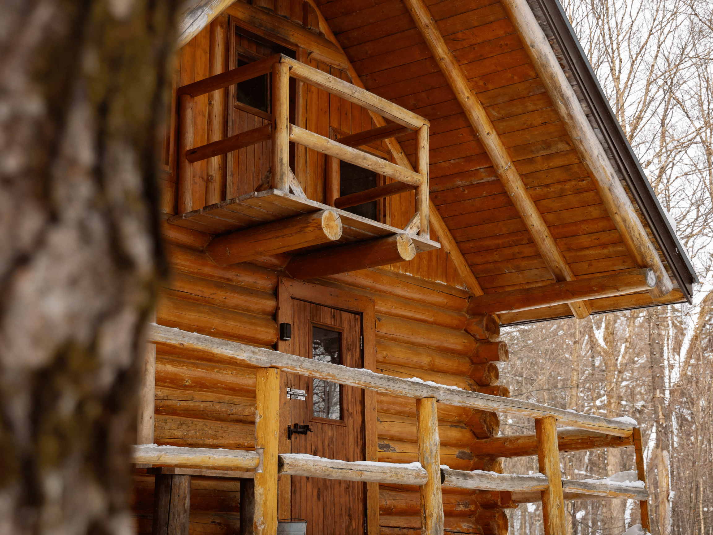 Chalet en bois rond enneigé à la Vallée Bras-du-Nord, hébergement chaleureux en pleine nature près de Québec
