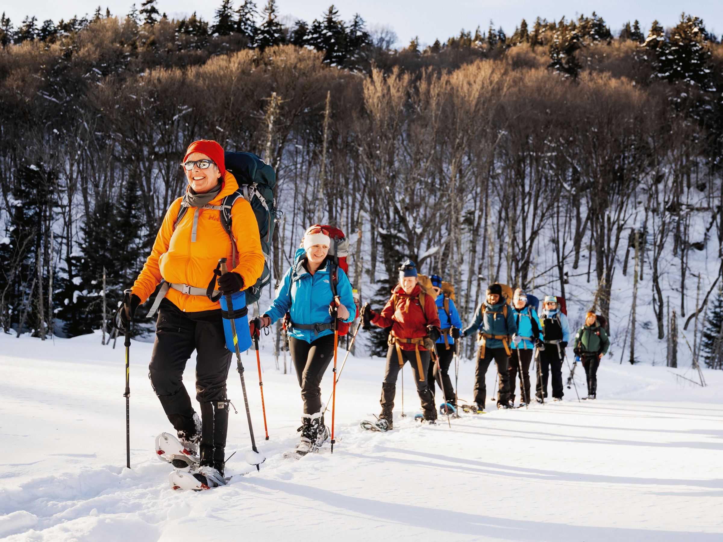 Groupe de randonneurs en raquettes en montagne à la Vallée Bras-du-Nord à Saint-Raymond dans la région de Portneuf.