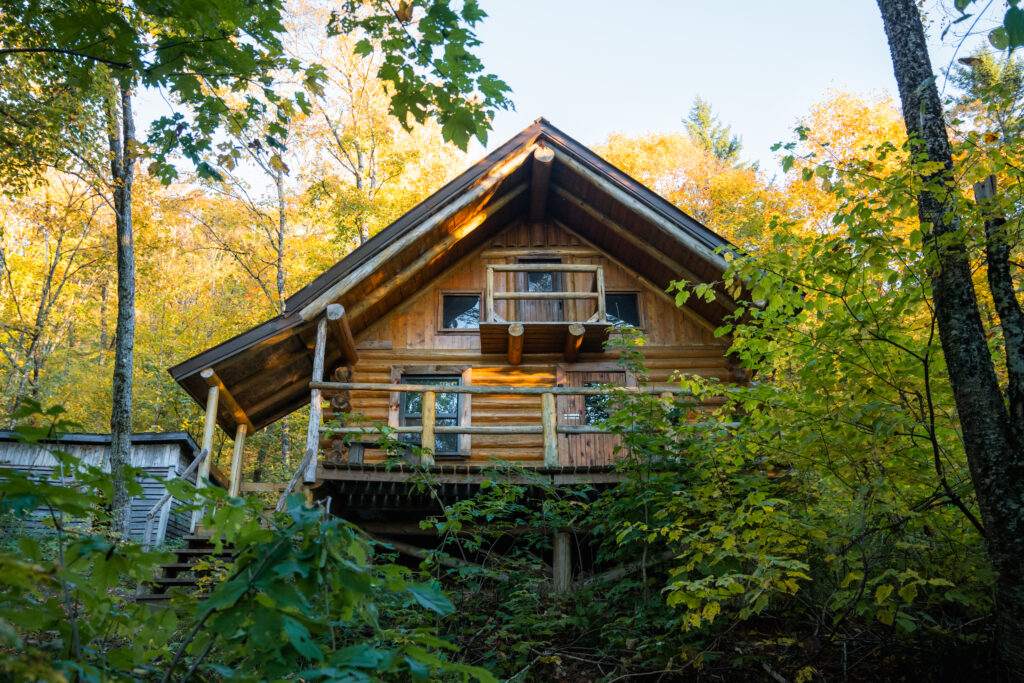 Vue extérieure d'un chalet isolé, entouré d'arbres en pleine nature