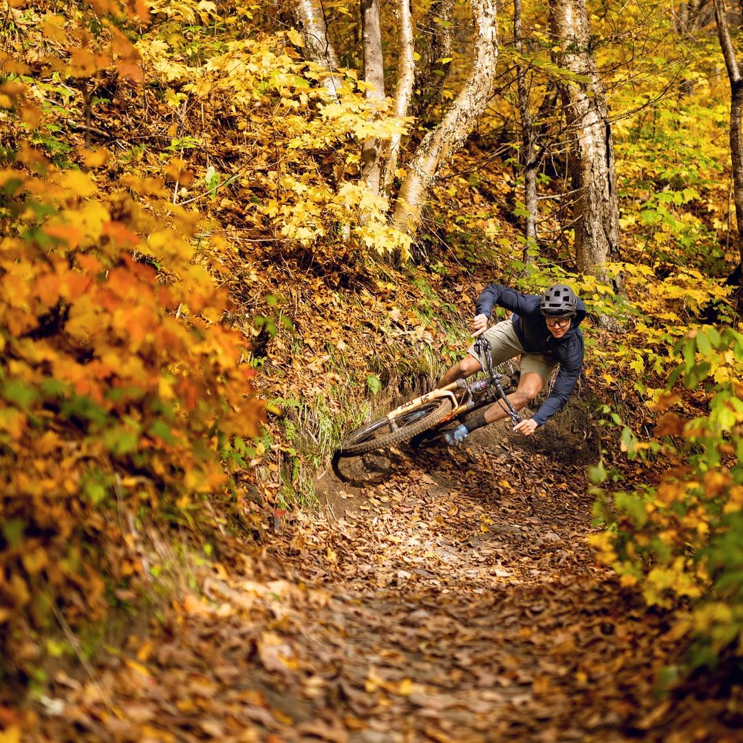 Cycliste roulant dans les feuilles colorés dans un sentier de vélo de montagne de la Vallée Bras-du-Nord