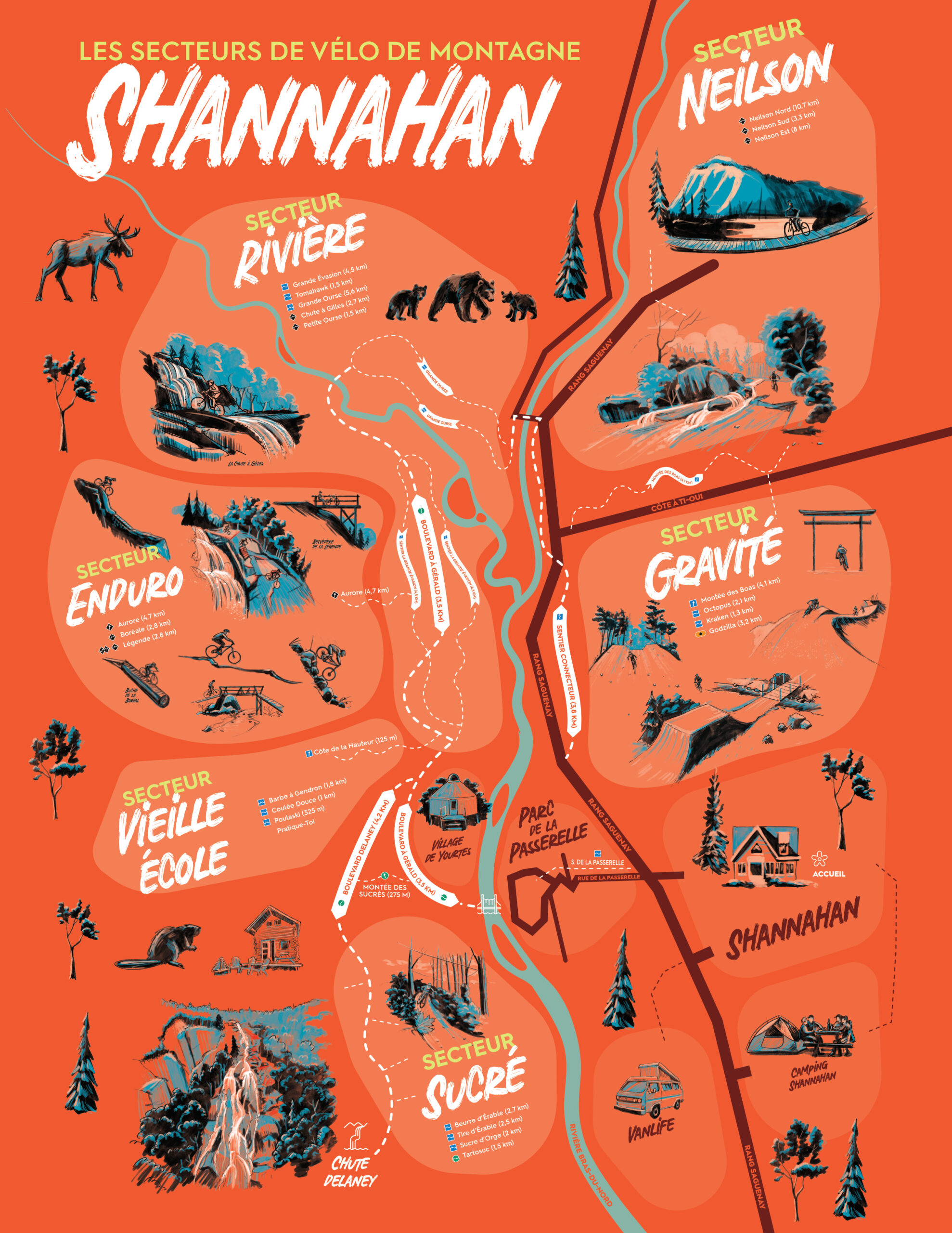 Carte schématisée des sentiers de vélo de montagne du secteur Shannahan à la Vallée Bras-du-Nord. 