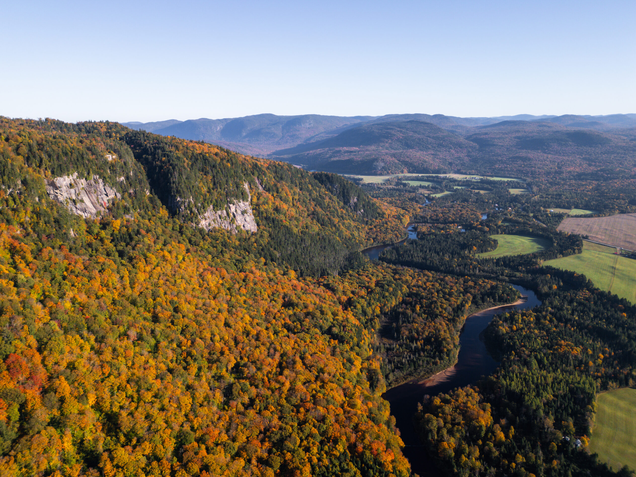Vue aérienne sur des montagnes boisées aux couleurs automnales