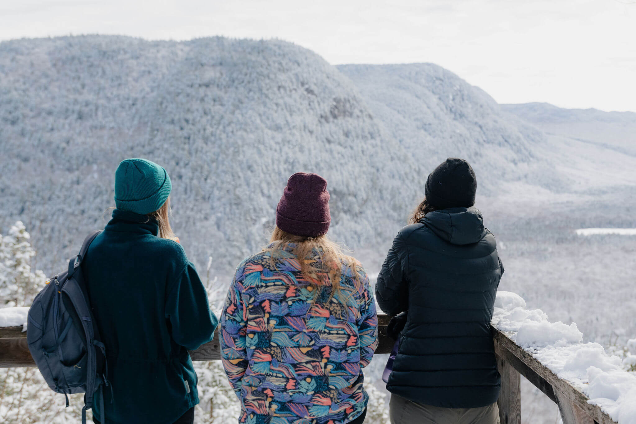 Trois visiteurs admirant un panorama montagneux hivernal