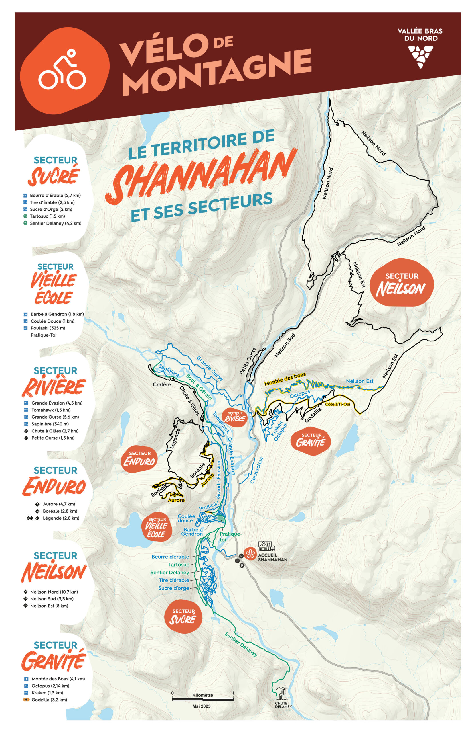 Carte des sentiers de vélo de montagne du secteur Shannahan à la Vallée Bras-du-Nord