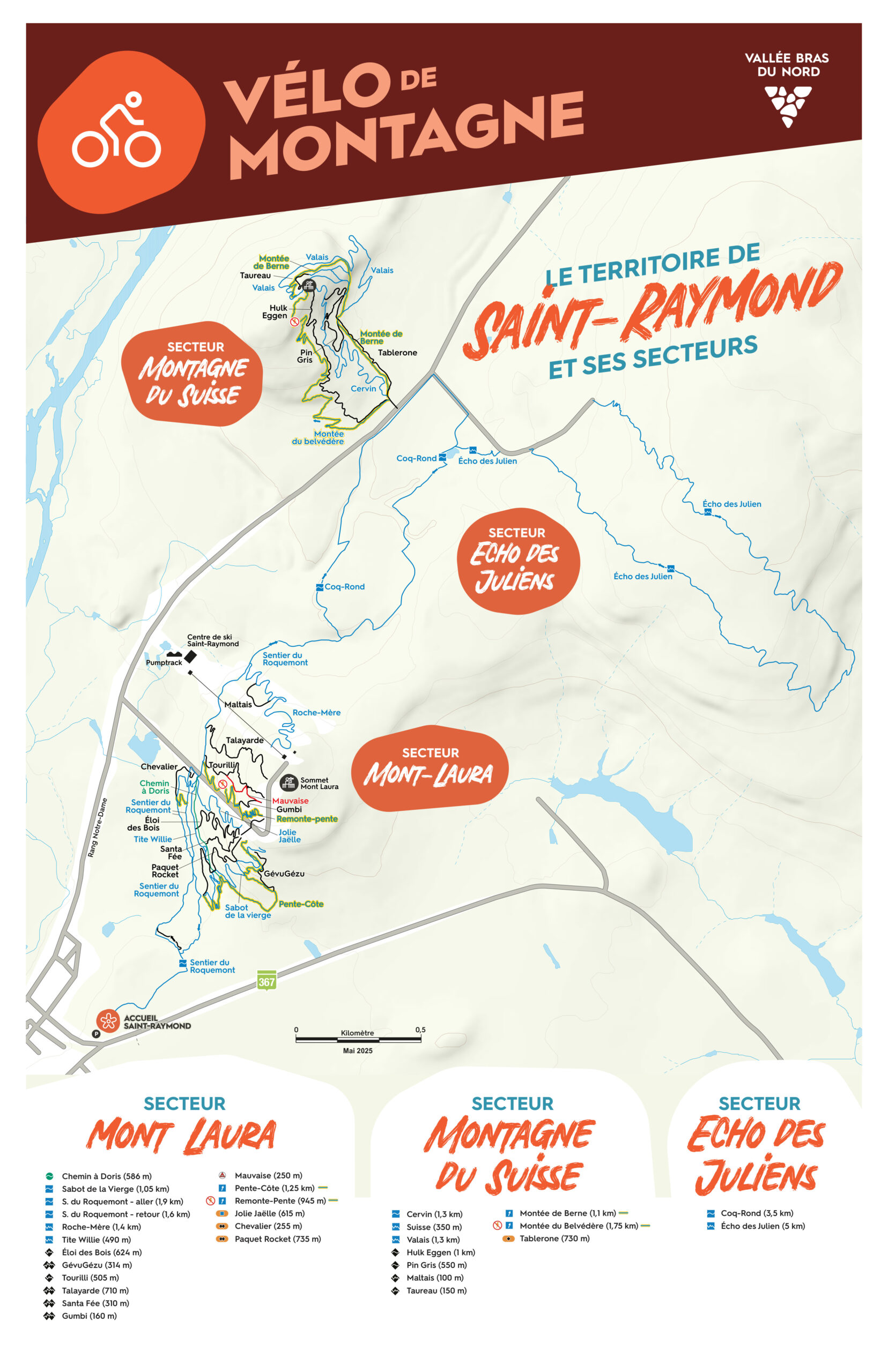 Carte des sentiers de vélo de montagne du secteur Saint-Raymond à la Vallée Bras-du-Nord