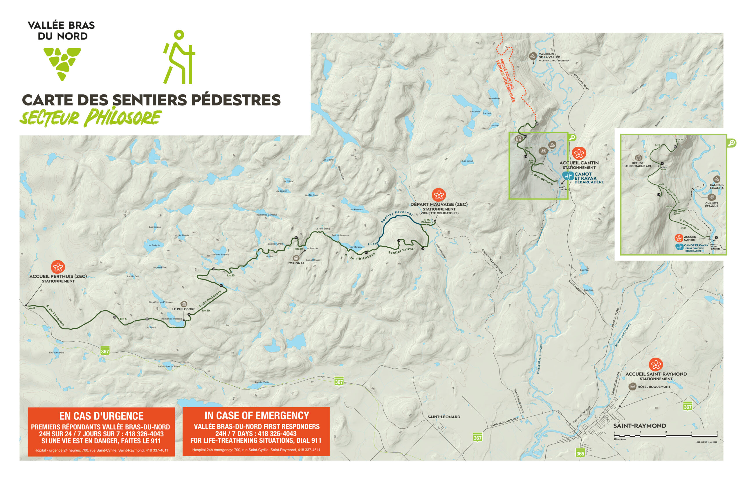 Carte des sentiers de randonnée pédestre de la Vallée Bras-du-Nord secteur Philosore