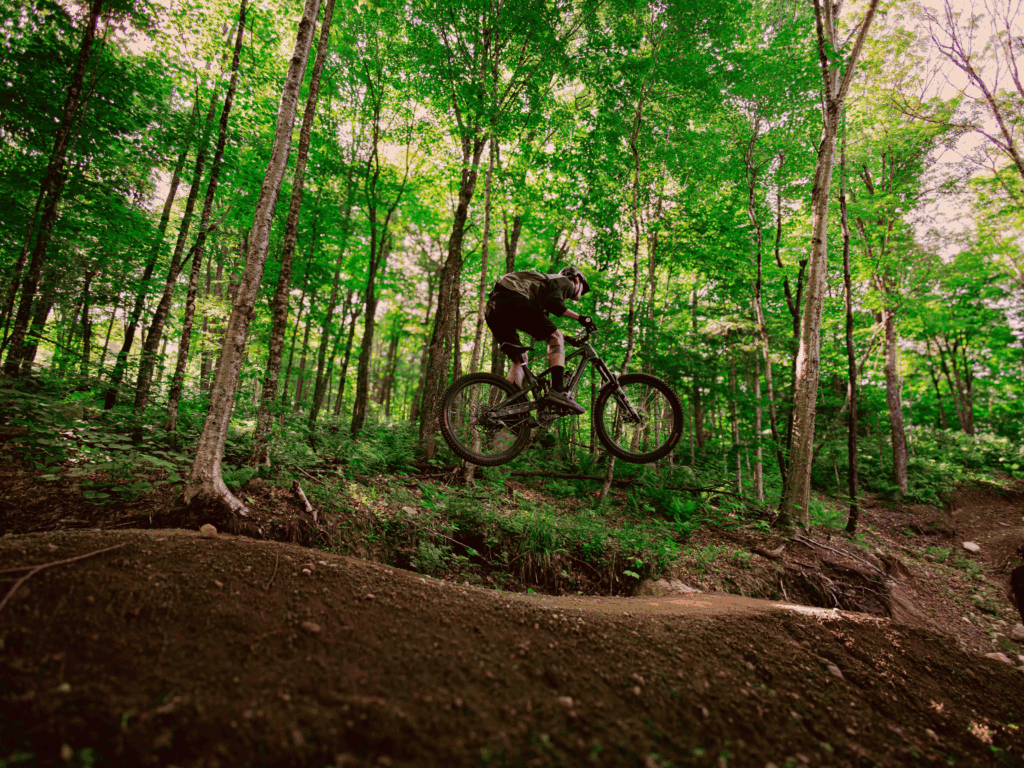 Vélo de montagne en sentier forestier, saut technique dans le réseau de la Vallée Bras-du-Nord